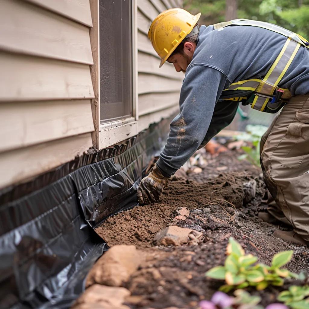 Technician applying waterproof membrane and installing exterior French drains around a foundation