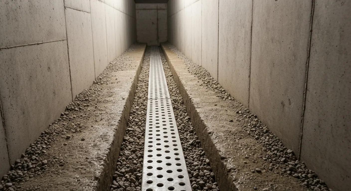 An interior basement drainage system featuring a gravel trench and perforated pipe