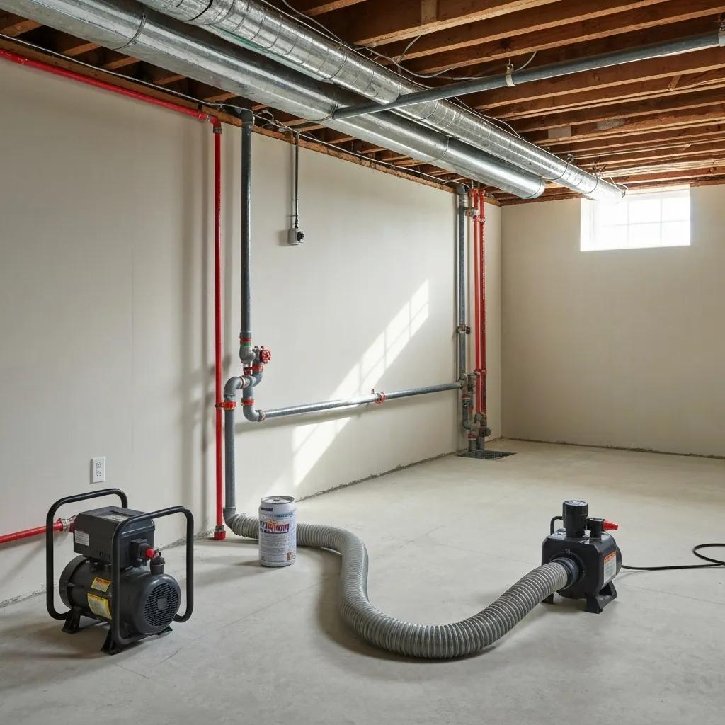 A clean and dry basement interior showcasing modern waterproofing solutions