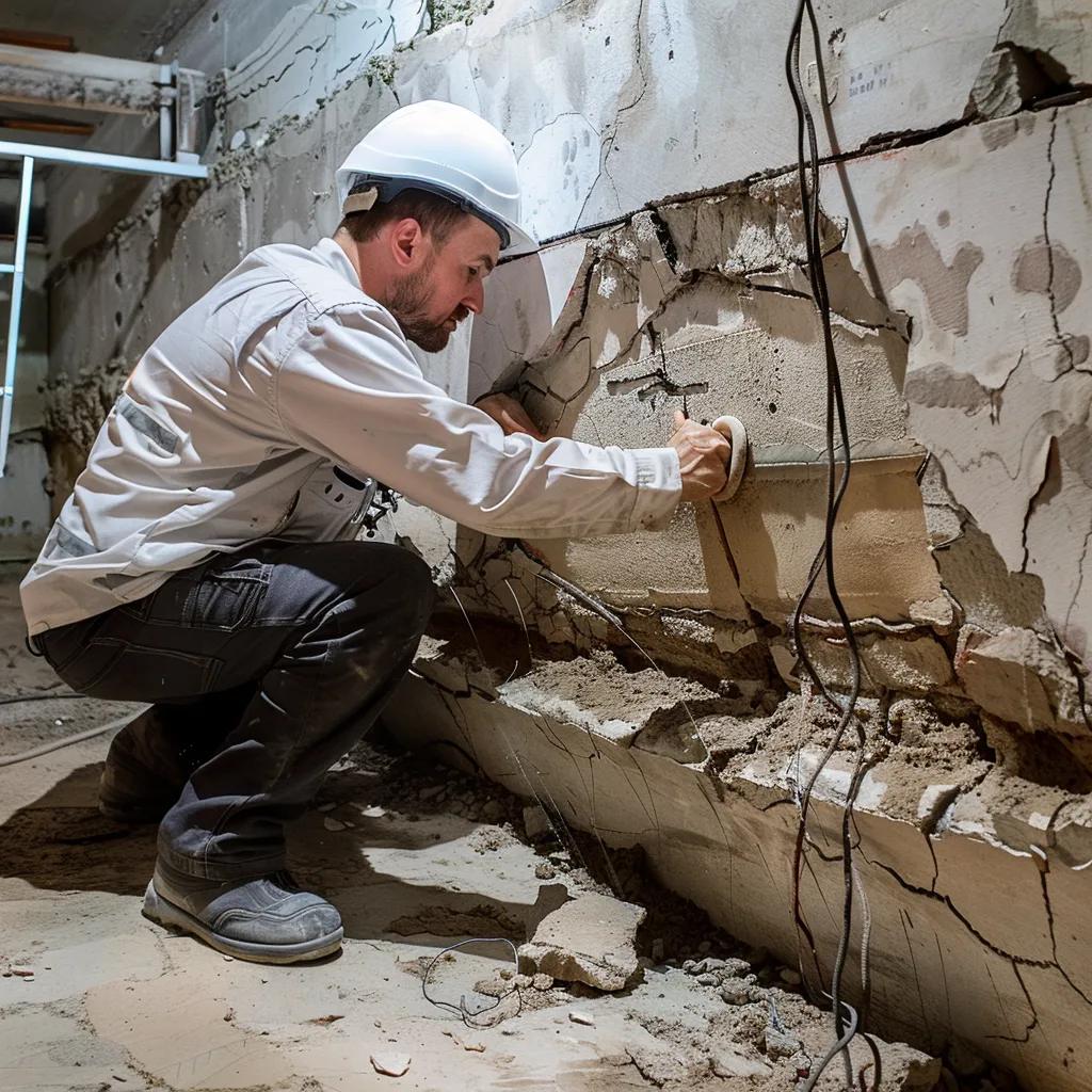 Professional inspecting structural issues in a basement, focusing on cracks and bowing walls
