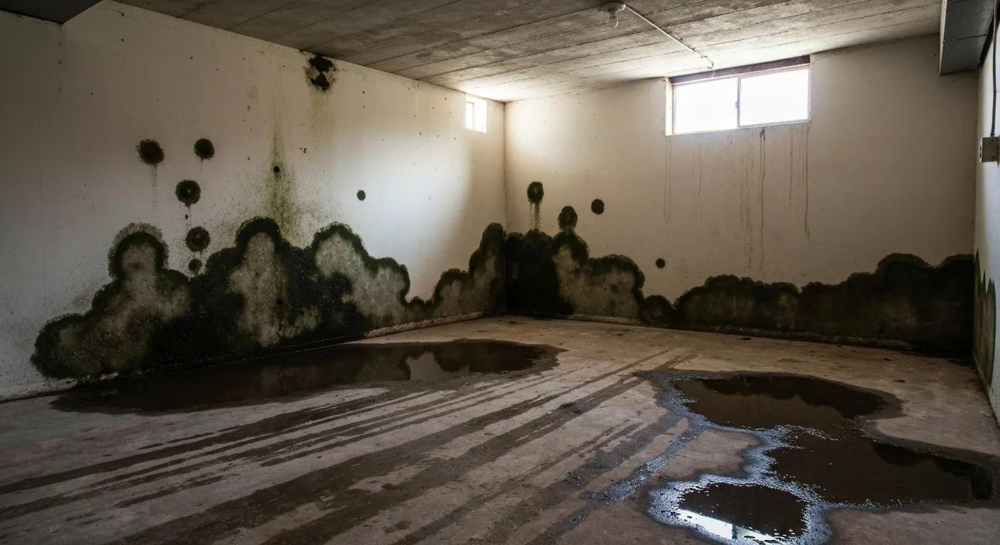 Signs of basement water damage like damp spots and mold