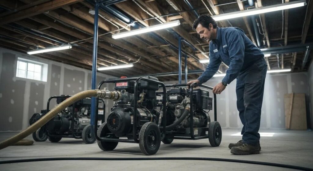 Technician examining basement waterproofing equipment