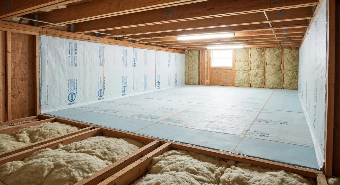 Crawl space encapsulation with vapor barriers and insulation