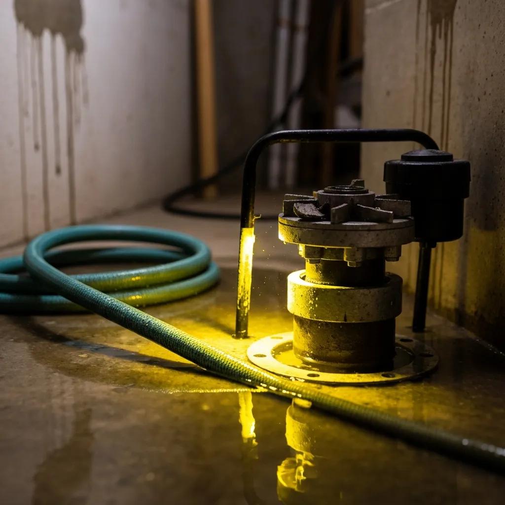 Sump pump showing signs of malfunction with water accumulation around it