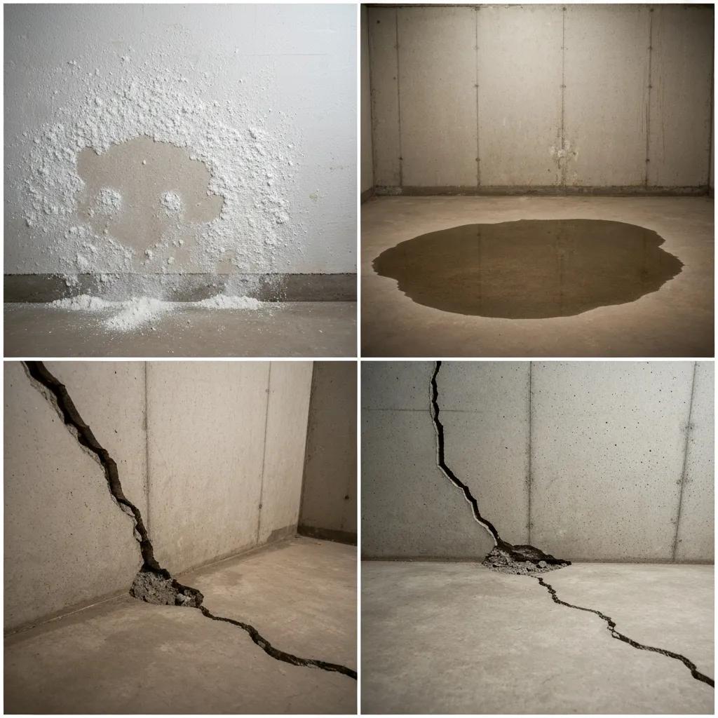 Visible signs of basement water damage including efflorescence and standing water